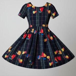 Lularoe Amelia Small Dress  Black Abstract Flames Floral Pink Colorful Unicorn